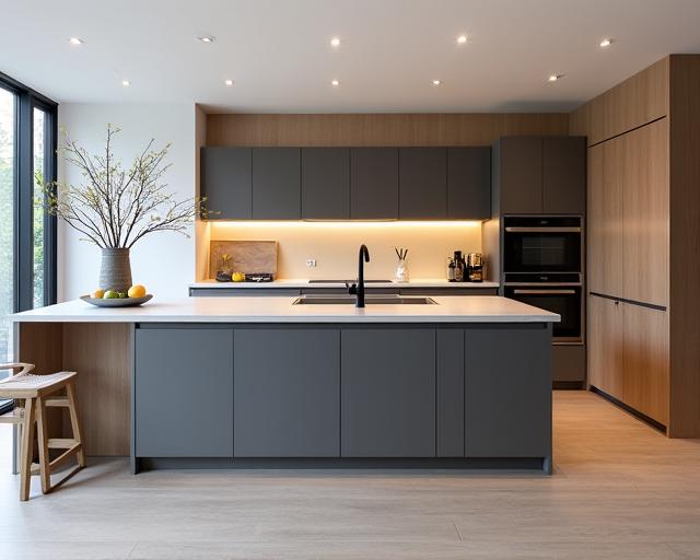 A modern, stylish kitchen with an island and custom joinery.